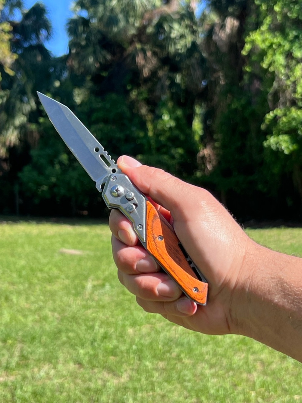 Men's Folding Pocket Knife with Orange Wood Handle